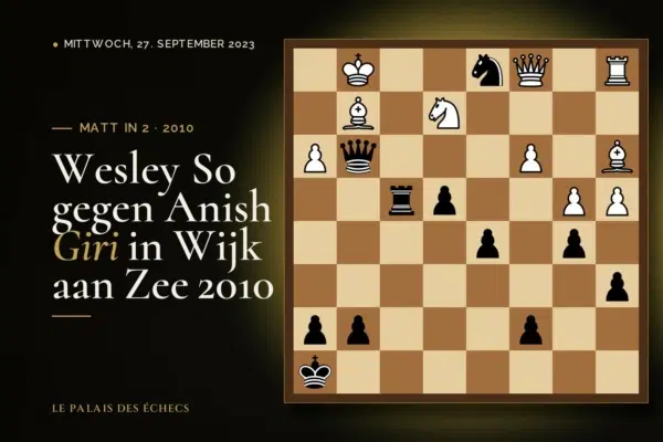 Stellung der Schachaufgabe: Schwarz zieht und setzt in 2 matt (Wesley So – Anish Giri, Wijk aan Zee, 2010)