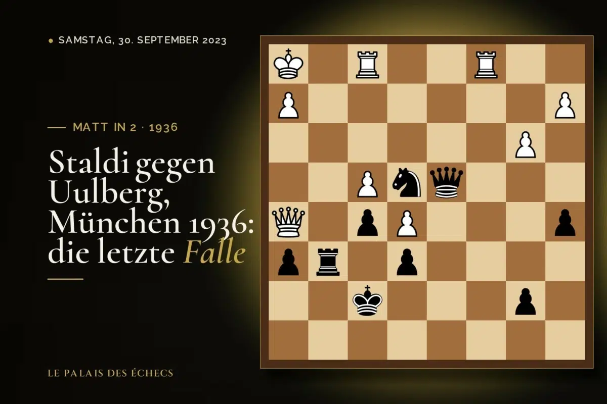 Stellung der Schachaufgabe: Schwarz zieht und setzt in 2 matt (Cherubino Staldi – Uulberg, Munich, 1936)