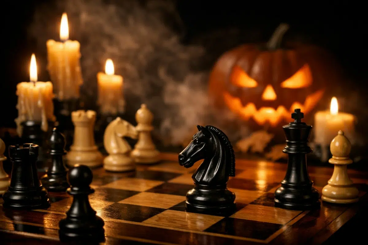 Schachpartie bei Kerzenlicht mit einem Halloween-Kürbis im Hintergrund